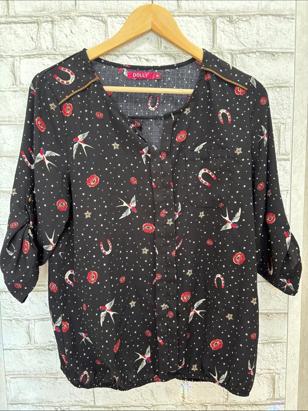 Dolly Black Blouse with Red Rose & Star Print